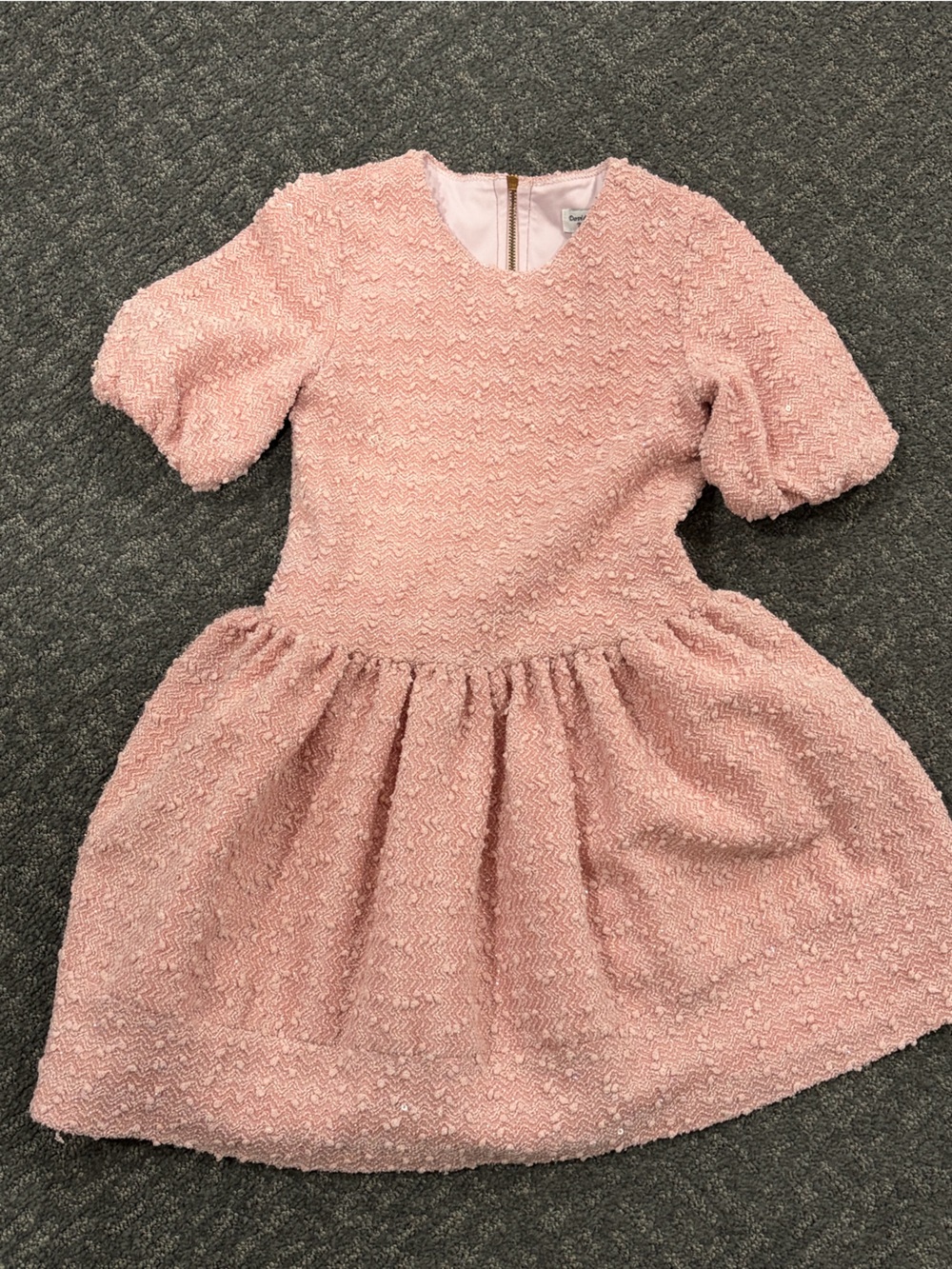 Girls' Textured Pink Bubble Sleeve Formal Dress
